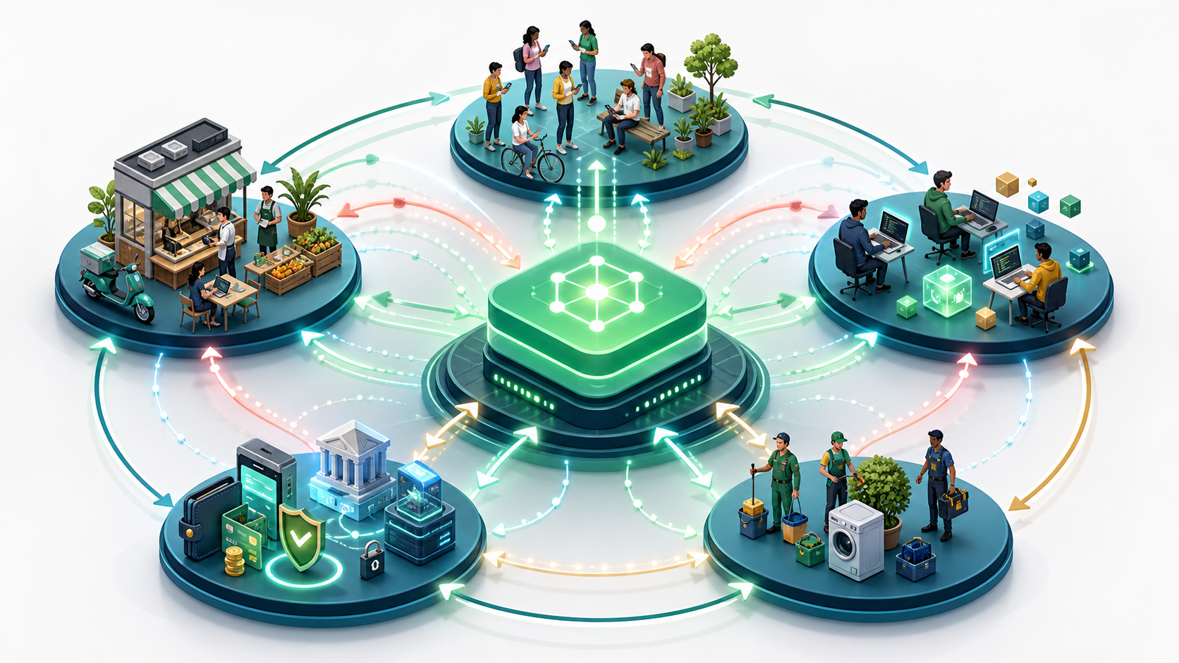 Users, merchants, developers, payment systems, and local services form reinforcing loops around a central digital platform.