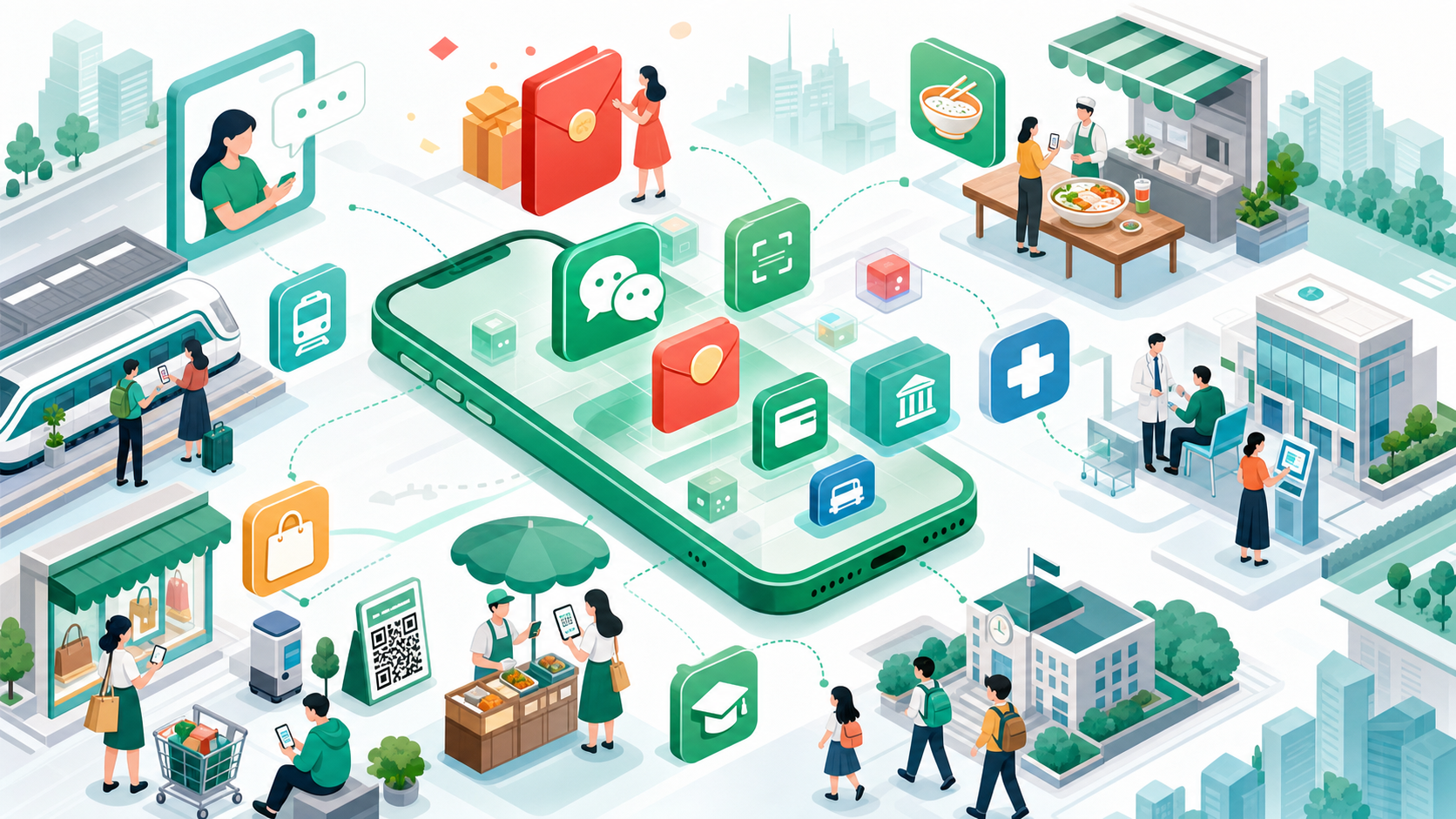 A mobile super-app connects chat, payments, shopping, transport, healthcare, food, education, and local services.