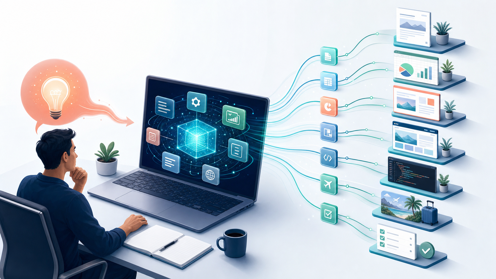 A person gives an idea to an AI workspace that coordinates a document, spreadsheet, presentation, website, code, and checklist.